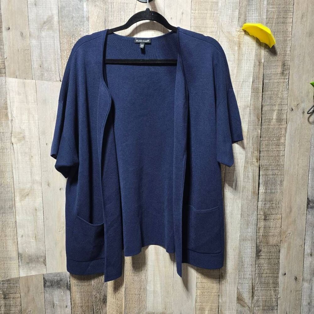 Eileen Fisher Silk Organic Cotton Navy Knit Boxy Cardigan Large Minimalist Comfy